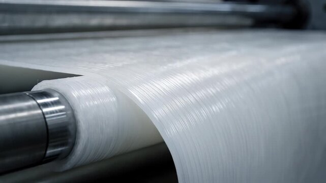 Closeup medium shot capturing opaque polypropylene sheet extrusion with textured surface development emphasizing material flow and die lip consistency