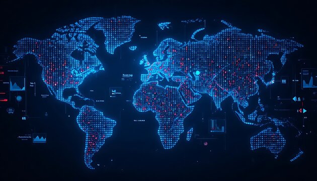 Digital dotted world map with glowing business analytics charts