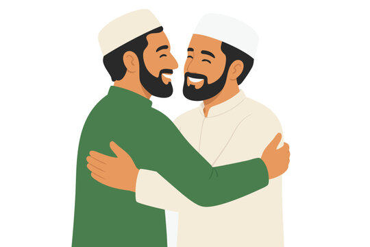 Modern flat vector illustration of two men warmly hugging and greeting each other during a joyful festival celebration, symbolizing friendship, unity, and brotherly love in a community.