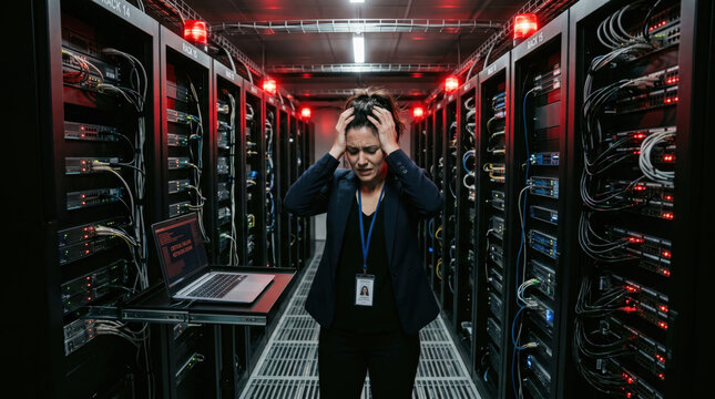 Stressed female IT manager server room data center network rack stressed female IT manager clutching her head server room, surrounded by network rack and cables, showing pressure and anxiety