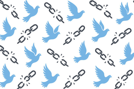 Seamless Vector Pattern of Metallic Broken Chains and Flying Doves Symbolizing Freedom Peace and Liberation in Minimalist Flat 2D Graphic Design for Social Issues and Human Rights Representation.