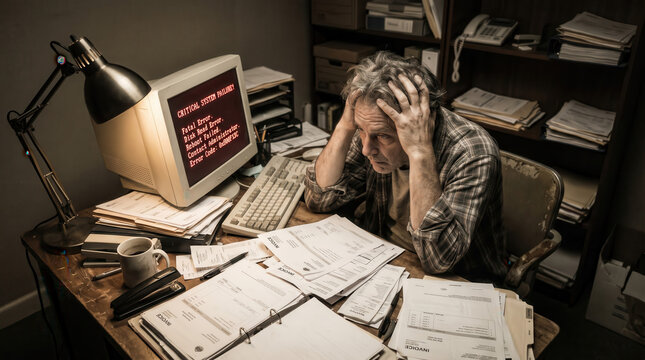 Small business owner stress computer paperwork office error message panicked small business owner sitting desk cluttered office, hands hair, facing computer error message amid paperwork, bills