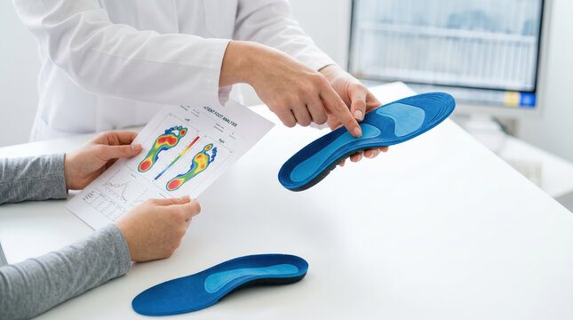 A doctor shows a patient a custom insole while reviewing foot pressure maps. The setting is a clinic and the doctor is explaining the fit and function of the insole