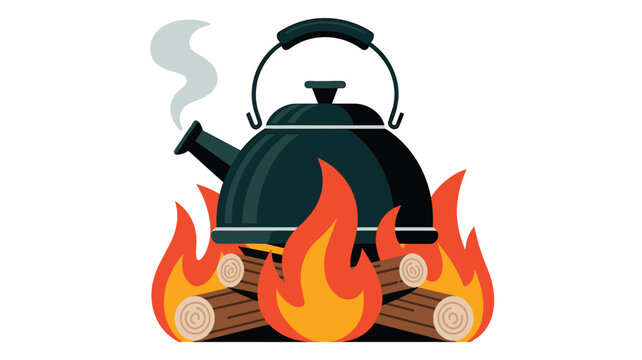 A black metal tea kettle rests over a bright orange and yellow campfire made of stacked brown logs while emitting a small wisp of grey steam against white.