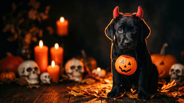 A black dog wears a pumpkin costume and devil horns while sitting in front of candles and skulls. Leaves cover the ground, creating a Halloween vibe