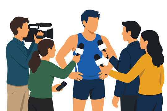 Flat vector illustration of professional sports journalists interviewing a generic athlete after a game using blank microphones, set against a simple and modern flat background for media news.