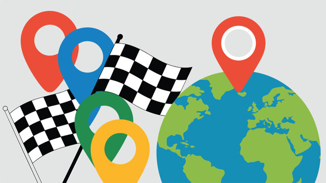 A colorful illustration featuring a checkered racing flag positioned next to a globe with navigation location pins scattered across a light grey studio background space.