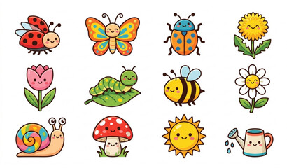 Cute spring insects and flowers flat vector icon set © MDSAKIB