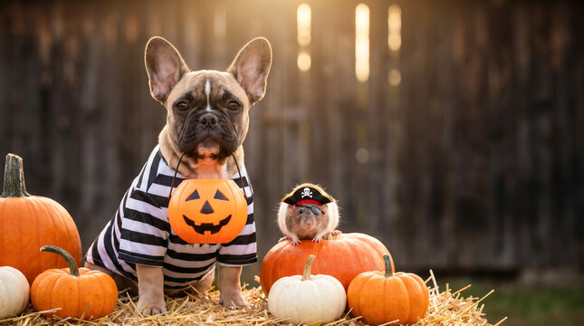 A dog wearing a striped shirt holds a pumpkin in its mouth next to a rat dressed as a pirate. They sit among pumpkins on straw in a yard during sunset