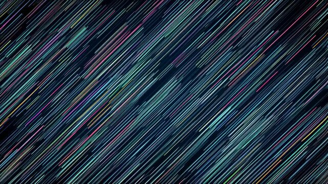 Time lapse panning shot of colorful diagonal light streaks and neon trails sweeping across dark night sky background with continuous streaking motion