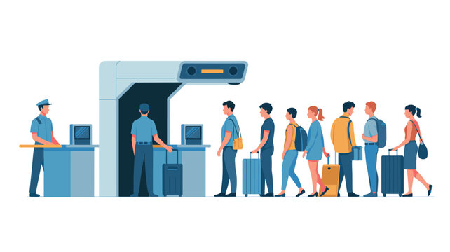 A group of diverse passengers stands in a single file line while waiting to pass through an airport security scanner checkpoint station on a white background.