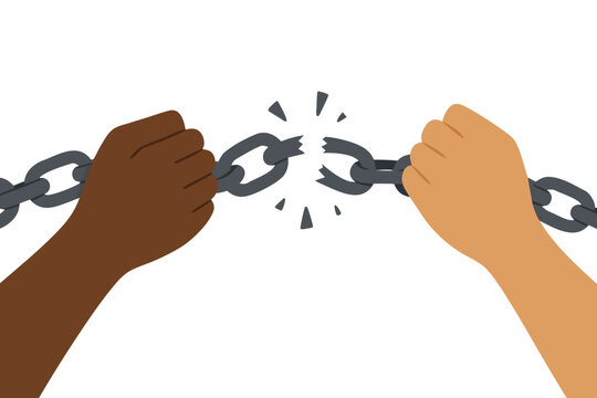 Powerful flat vector illustration depicting two diverse hands breaking a heavy metal chain apart, symbolizing emancipation, freedom from bondage, social justice, and the breaking of barriers.