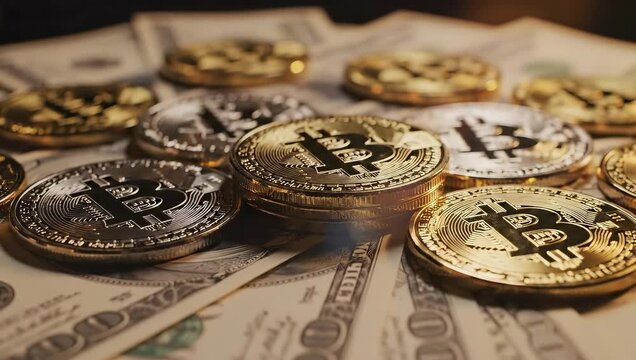 Bitcoin and dollar bills stack together. Cryptocurrency coins shine on cash background. Investment and finance concept in modern economy. Wealth and prosperity in digital age.