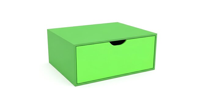 Isolated green drawer box storage unit with cutout handle, modular organizer for desktop accessories, stationery supply