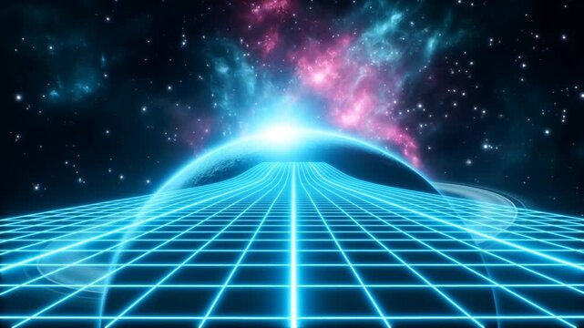 Tracking shot forward of neon grid approaching glowing planet over retro futuristic cosmic landscape with rising nebula horizon at night