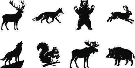 Naklejka premium Forest animals silhouette vector set featuring deer fox bear rabbit wolf squirrel moose and wild boar icons isolated on white background