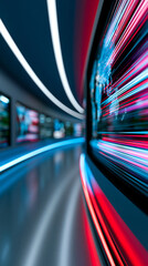 Fototapeta premium Futuristic tunnel with dynamic red and blue light trails creating high speed motion and modern transportation concept