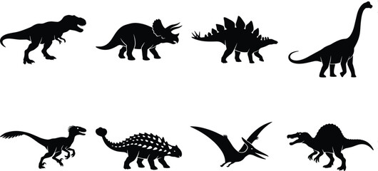 Dinosaur black silhouette vector set featuring tyrannosaurus rex triceratops stegosaurus brachiosaurus velociraptor ankylosaurus pterodactyl and spinosaurus illustration © Rahen