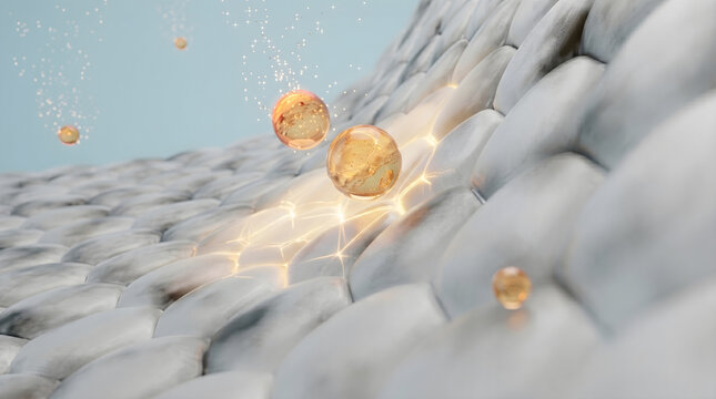 Active liposomes target and repair dead gray surface skin cells with intense moisture. 3D rendering.