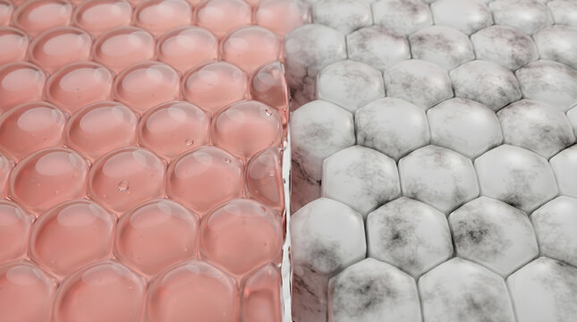 Healthy pink skin cells replace dull dead marble gray cells in a rejuvenation process. 3D rendering.