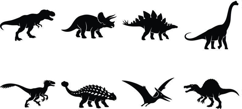 Dinosaur black silhouette vector set featuring tyrannosaurus rex triceratops stegosaurus brachiosaurus velociraptor ankylosaurus pterodactyl and spinosaurus illustration