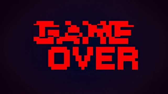 Static shot of pixelated game over text glitching and stabilizing centered on dark digital screen with red blocky retro arcade typography