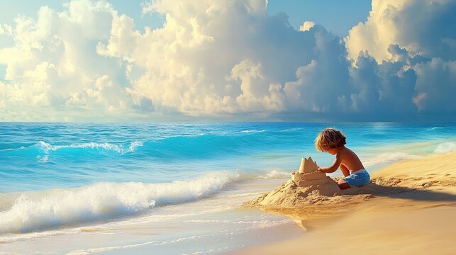 A tranquil beach scene with a child building a sandcastle, waves gently lapping at the shore, 