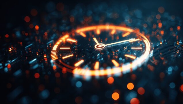 Glowing clock face with orange and blue lights.