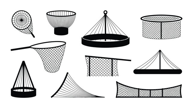 Ten diverse black line art net illustrations featuring various geometric structural fishing mesh patterns are isolated on a solid white background in this minimalist graphic collec
