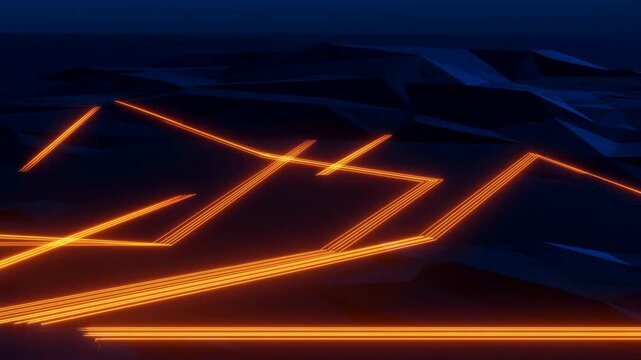 Glowing orange network lines flowing on dark abstract digital surface
