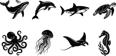 Sea creatures black silhouette vector set featuring humpback whale dolphin shark turtle octopus jellyfish manta ray and seahorse © Rahen