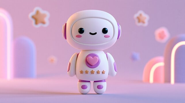 Centered medium shot of a cute chatbot character with heart icon and star ratings in focus framed by a pastel gradient with outoffocus floating stickers and softly illuminated