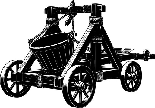 Black silhouette of a medieval catapult on wheels against a isolated on white background
