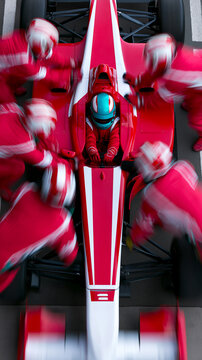Top view of formula race car with pit crew in motion during high speed pit stop service