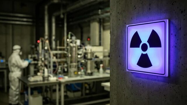 Radiation symbol warns of atomic energy risk, emphasizing strict safety procedure, scientific experiment, and controlled environment where specialist manages hazardous operation.