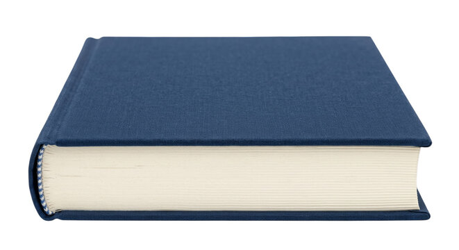 A closed blue hardcover book lies on a white background, viewed from the side
