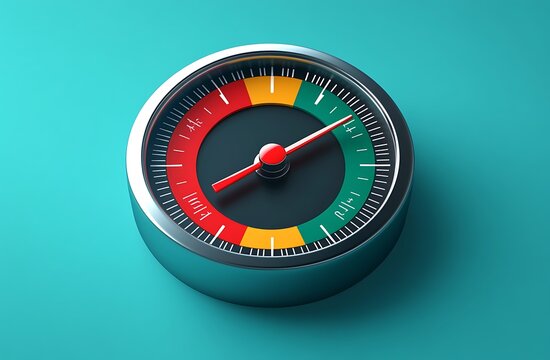 3 d speedometer gauge with red, yellow, and green zones on teal background