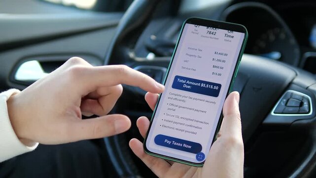 Close-up of a secure mobile tax payment process. Features realistic bill summary, processing screen, and successful transaction alert. Ideal for banking software, cybersecurity, and financial