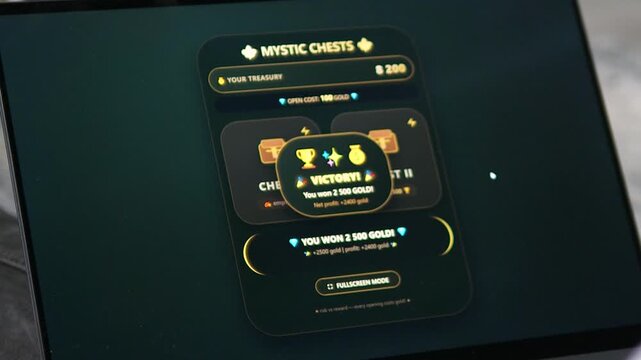 Close-up of a fantasy treasure game on a laptop screen. Sequence captures the high of winning a jackpot and the low of losing gold. Essential for stories on mobile game loops, digital luck, and online