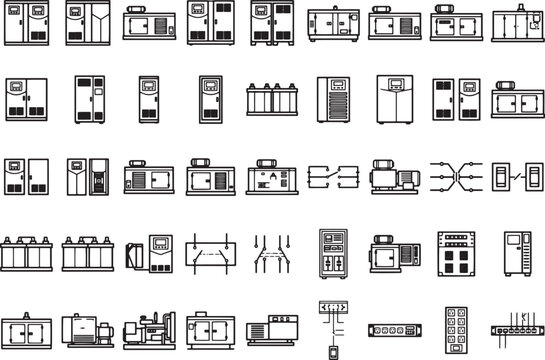 A collection of engineering line drawings and icons illustrating various electrical and mechanical equipment, including generators, switchgear, and control panels, presented in a schematic layout.