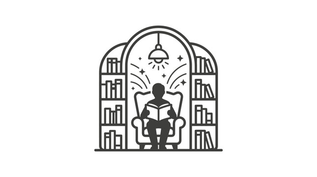 A minimalist line art illustration of a person reading a book in a cozy library chair.