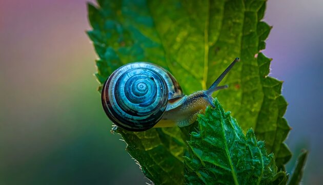 Colorful Garden Snail Crawling on Green Leaf in Soft Natural Light