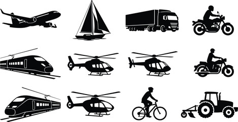 Transportation silhouette vector set featuring airplane sailboat delivery truck motorcycle helicopter high speed train bicycle and farm tractor © Rahen