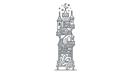 A person reading a book with a magical castle tower rising from the pages. © Maz_Opal