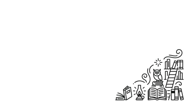 Hand drawn doodle illustration of a cozy library corner with books and an owl.