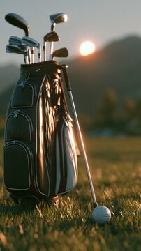 A bag of golf clubs against the sunset provides an elegant backdrop for advertising golf clubs and sporting holidays.