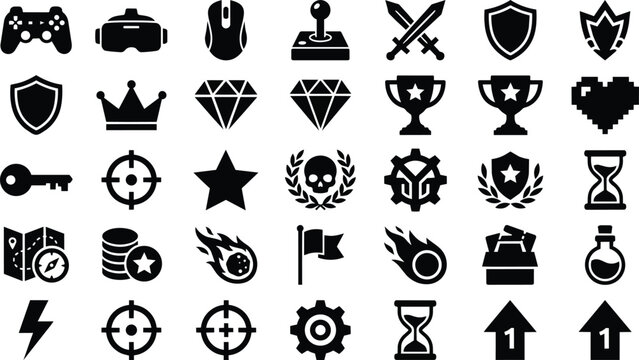 Collection of vintage video game icons and symbols for digital design and gaming.
