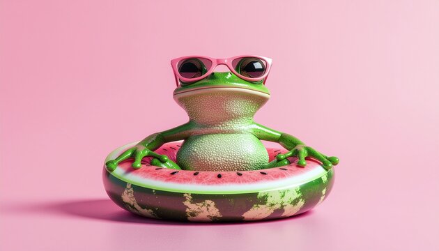 Chubby green frog in watermelon swimsuit lounging with sunglasses on pink background