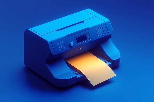 Blue printer with paper emerging, digital device on blue background, digital printer printing
