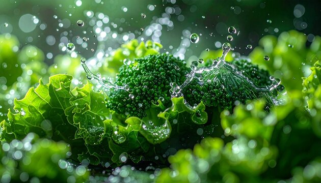 Close up of water splashing on fresh broccoli and organic lettuce